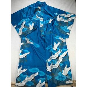 Marukyo Kyoto Tokyo Crane Cloud Print Kimono Robe Blue Satin Made in Japan 56in